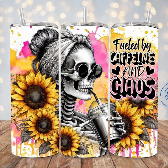 Sunflower Skeleton Tumbler, Fueled By Caffeine And Chaos Cup, Caffeine Lover Mug - Picture 1 of 7